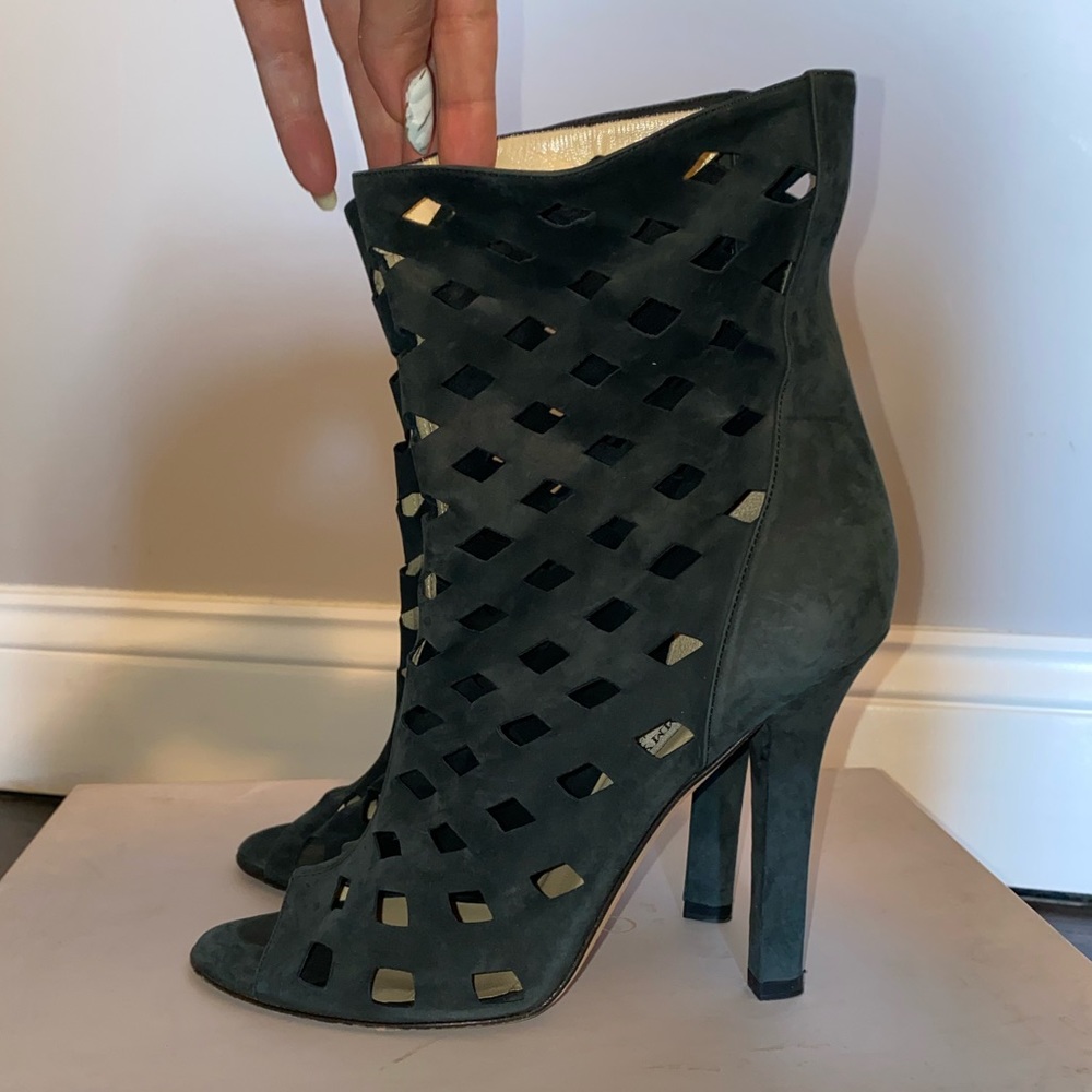 Jimmy Choo Black Suede Bootie Laser Cutout Open Toe Pull On Slouch Nubuck